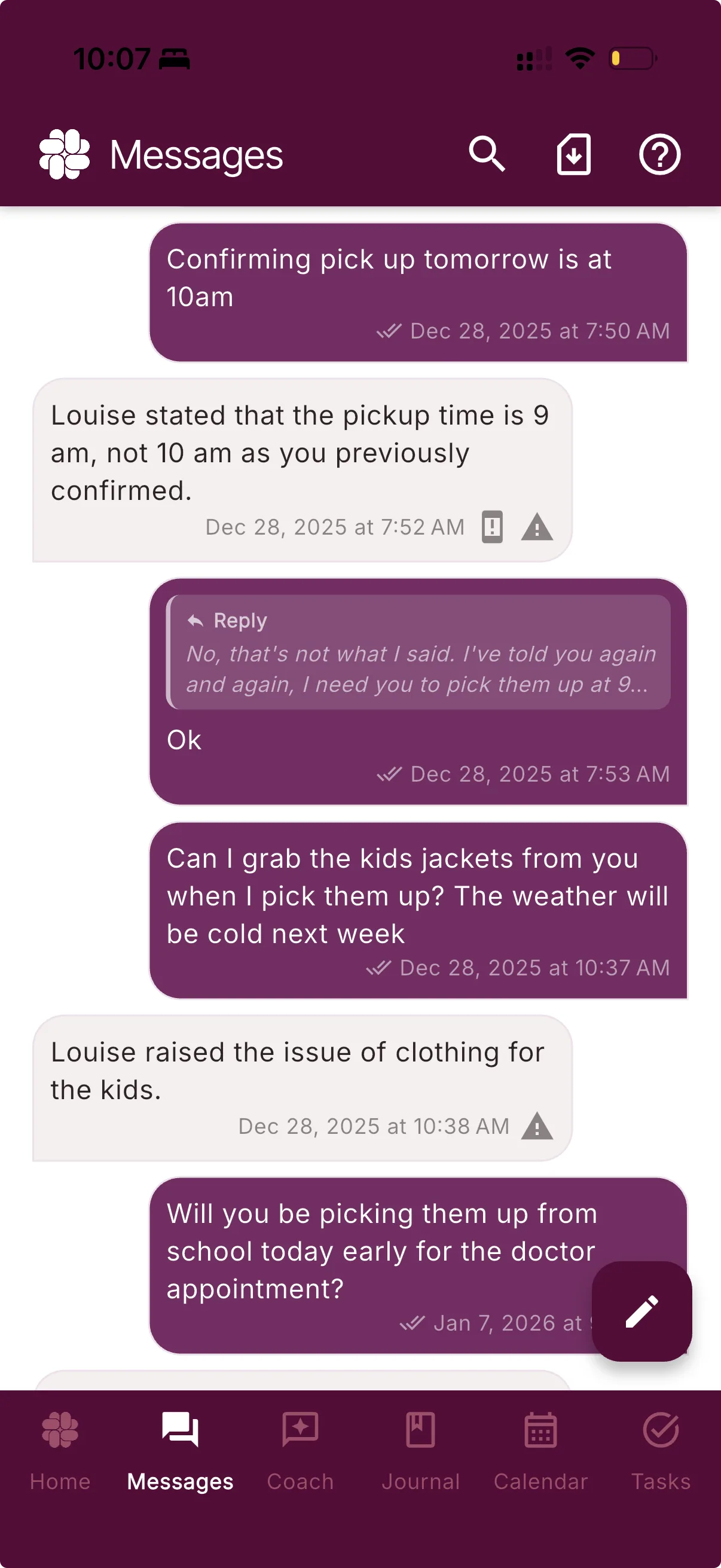 BestInterest Collaborative Mode showing in-app messages between two linked co-parent accounts