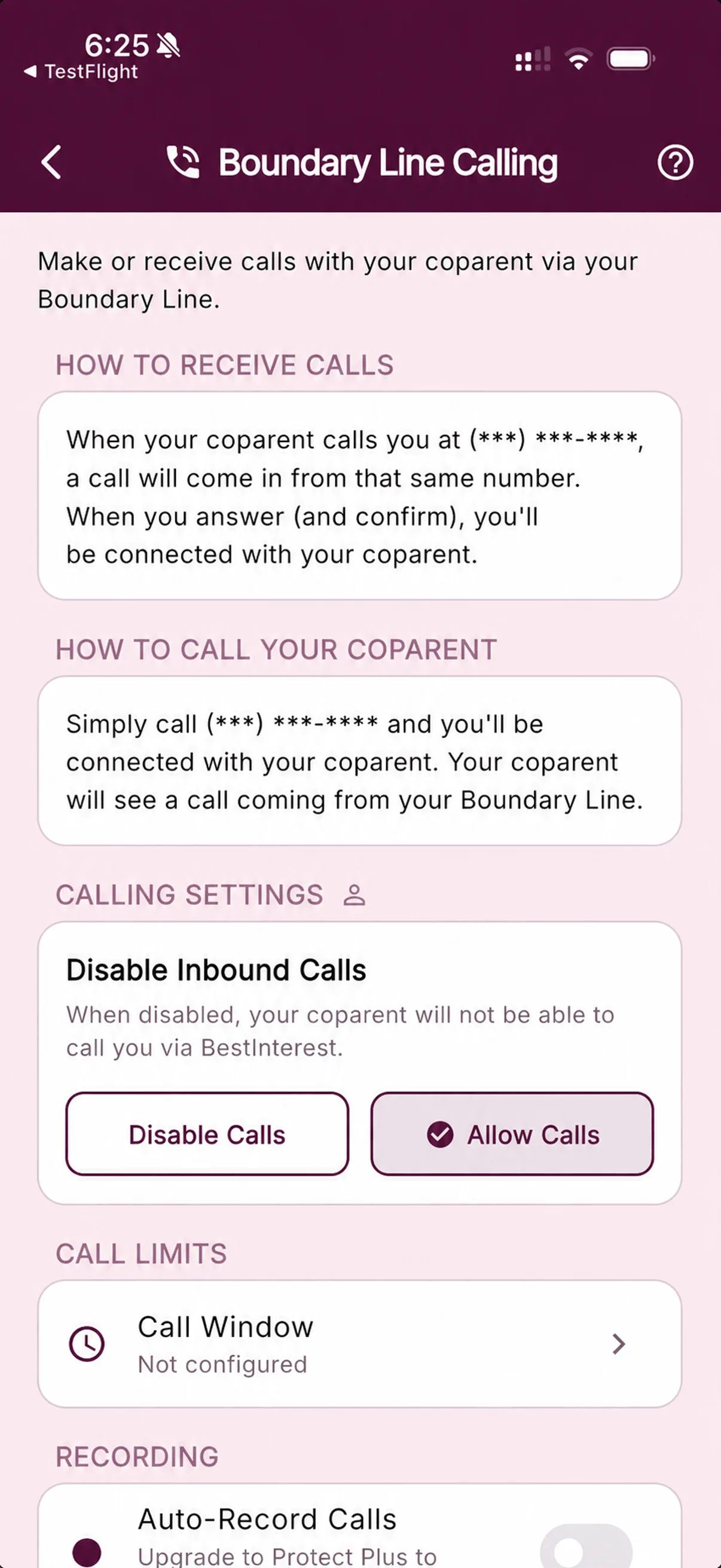 BestInterest Boundary Line Calling settings showing private-number instructions, incoming call controls, and a call window