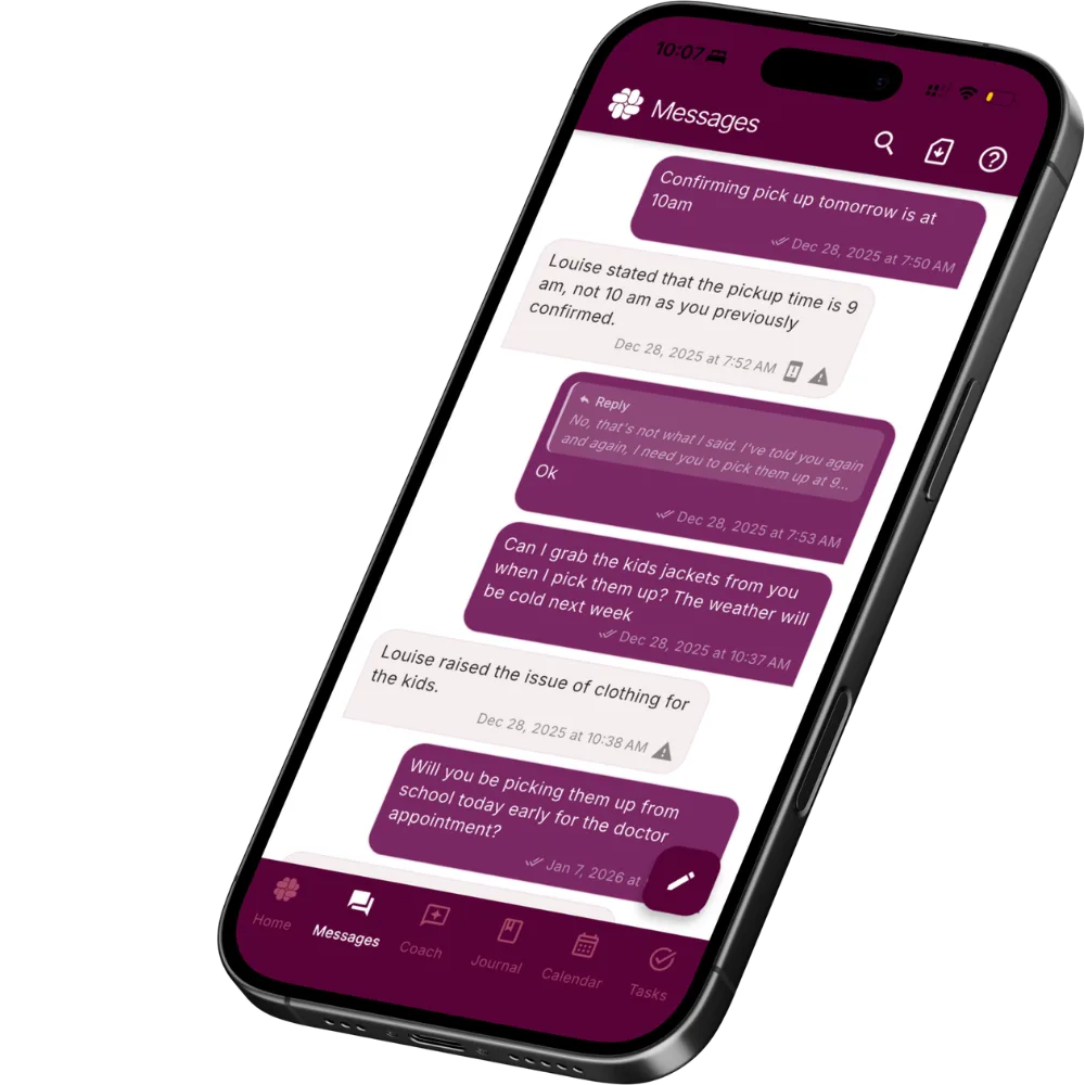 BestInterest messages screen showing moderated co-parent communication