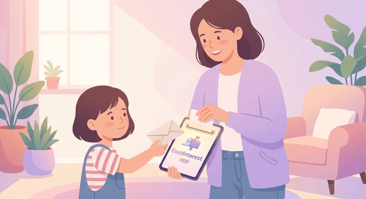 Child redirecting messages to the BestInterest app, helping kids caught in the middle of parental conflict.