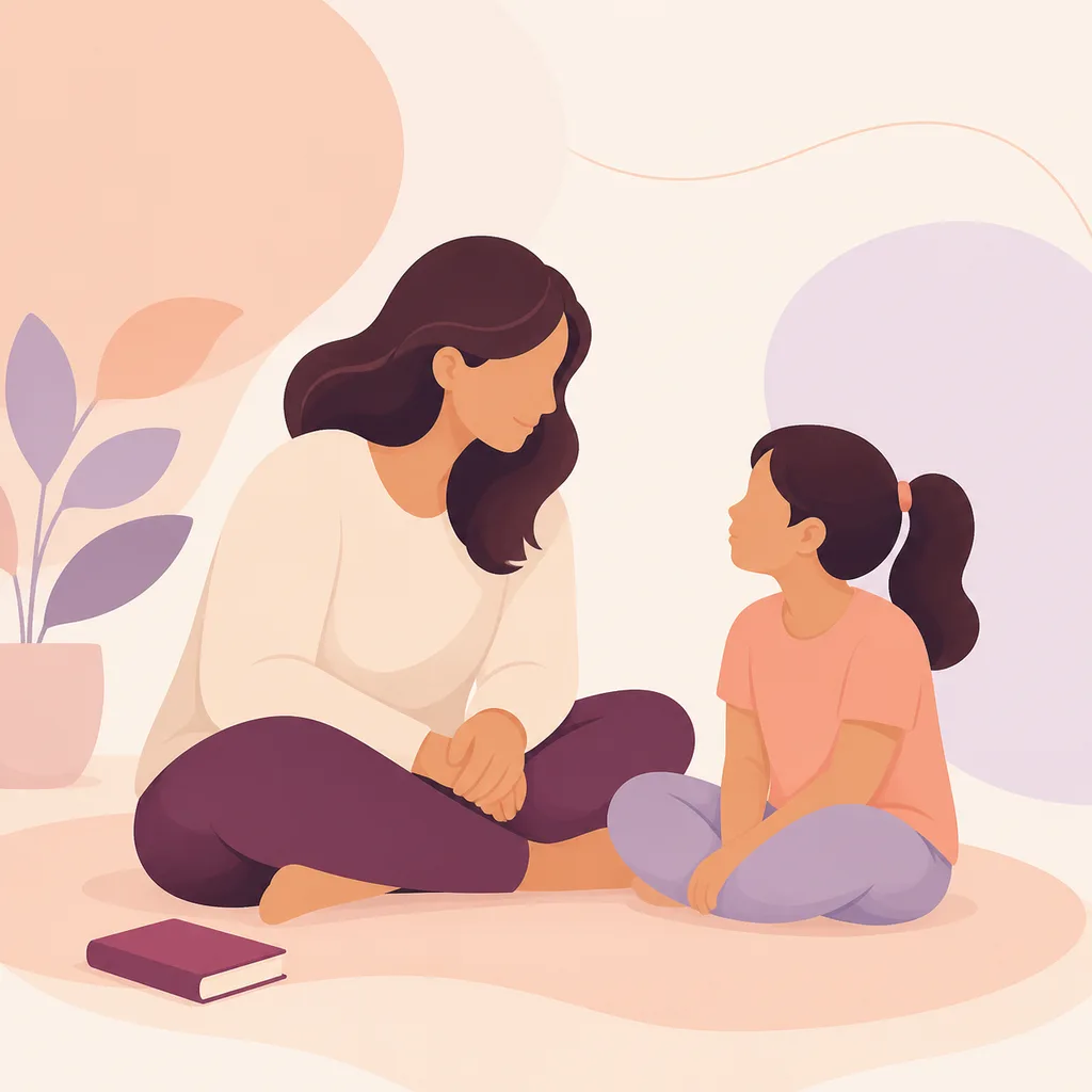 Parent listening calmly to a child beside a closed book