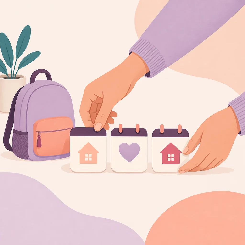 Parent’s hands arranging calendar tiles beside a small backpack