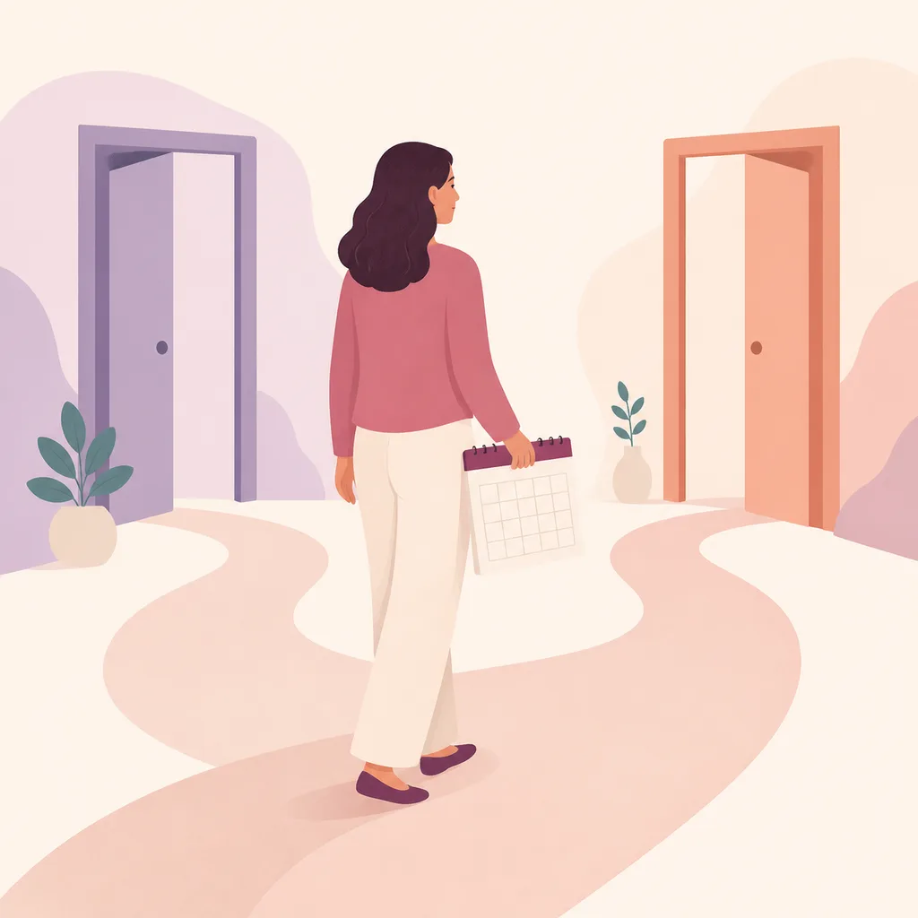 Parent carrying a paper calendar along a path between two doorways