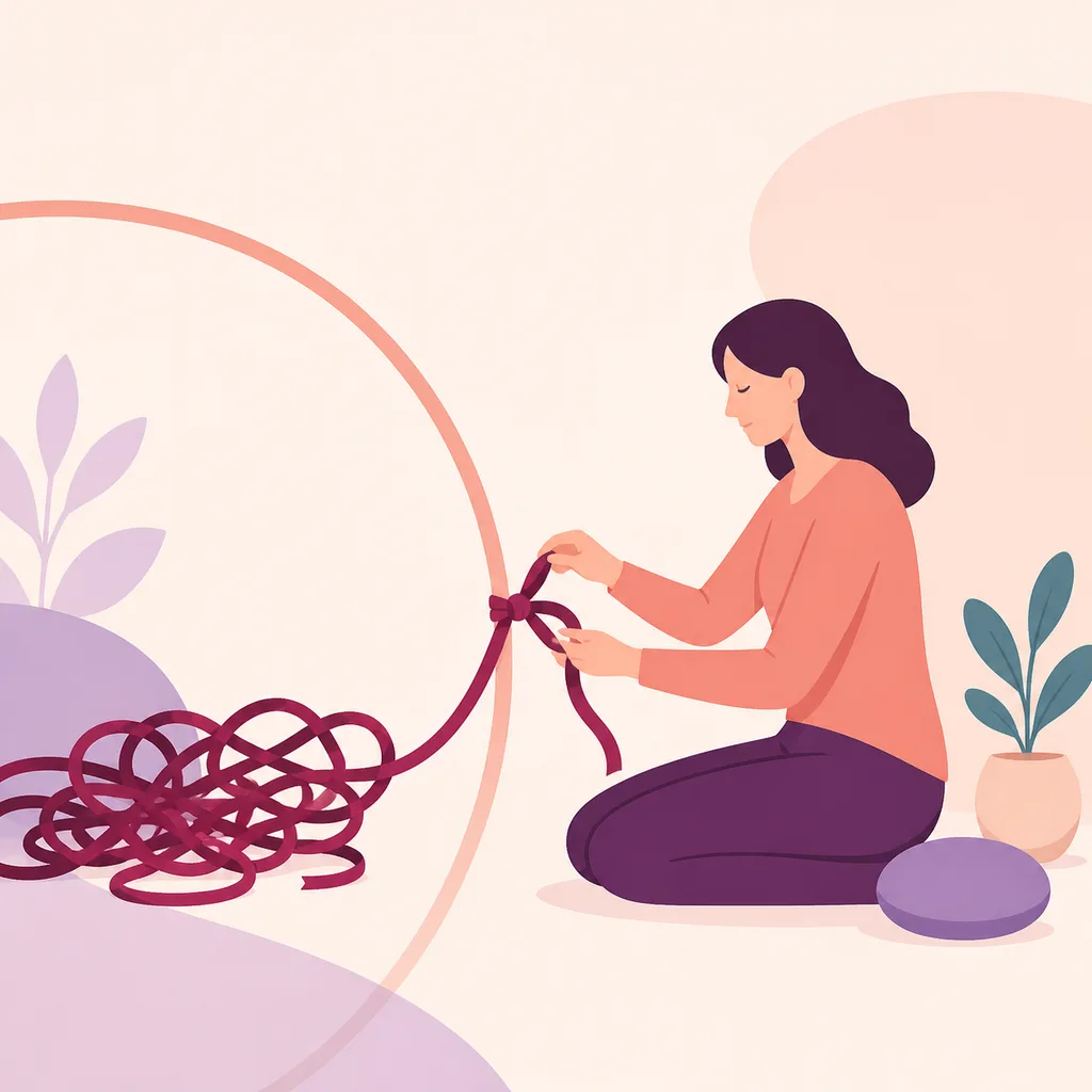Parent untangling a ribbon at a calm protective boundary