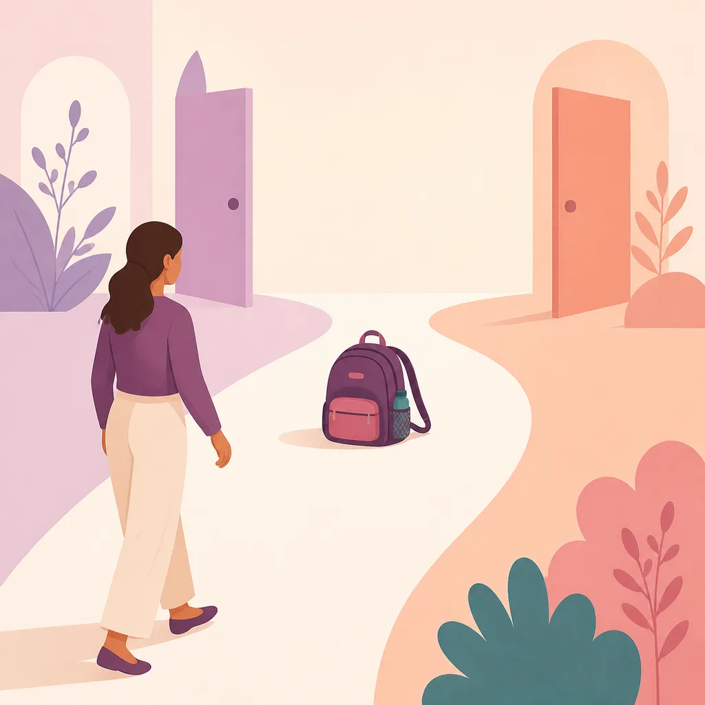 Parent approaching a child’s backpack midway between two doorways