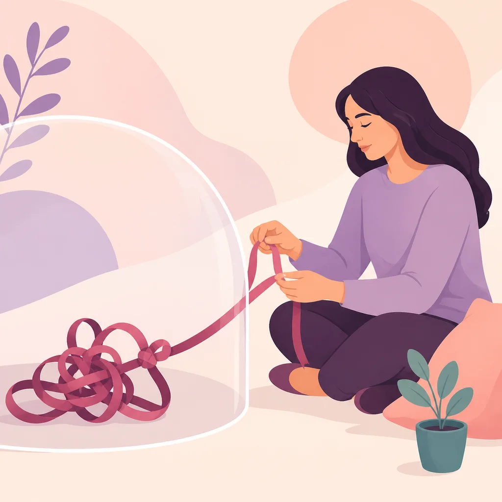 Parent untangling a ribbon at a calm protective boundary