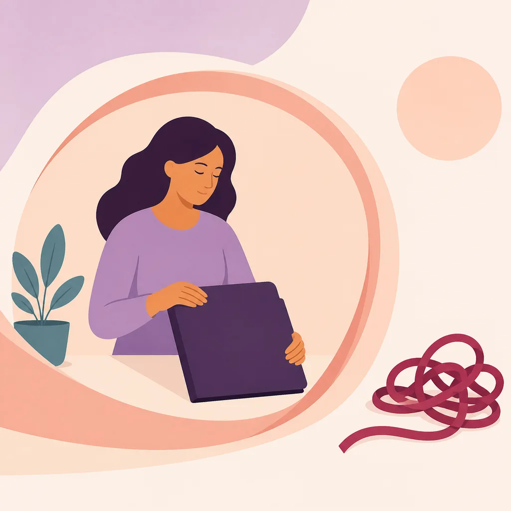 Parent holding a closed parenting-plan folder behind a protective curve from a tangled ribbon