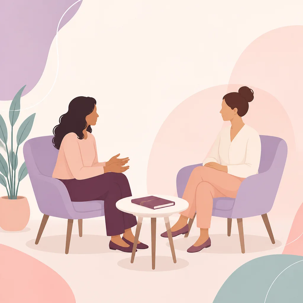 Parent speaking calmly with a therapist beside a closed journal