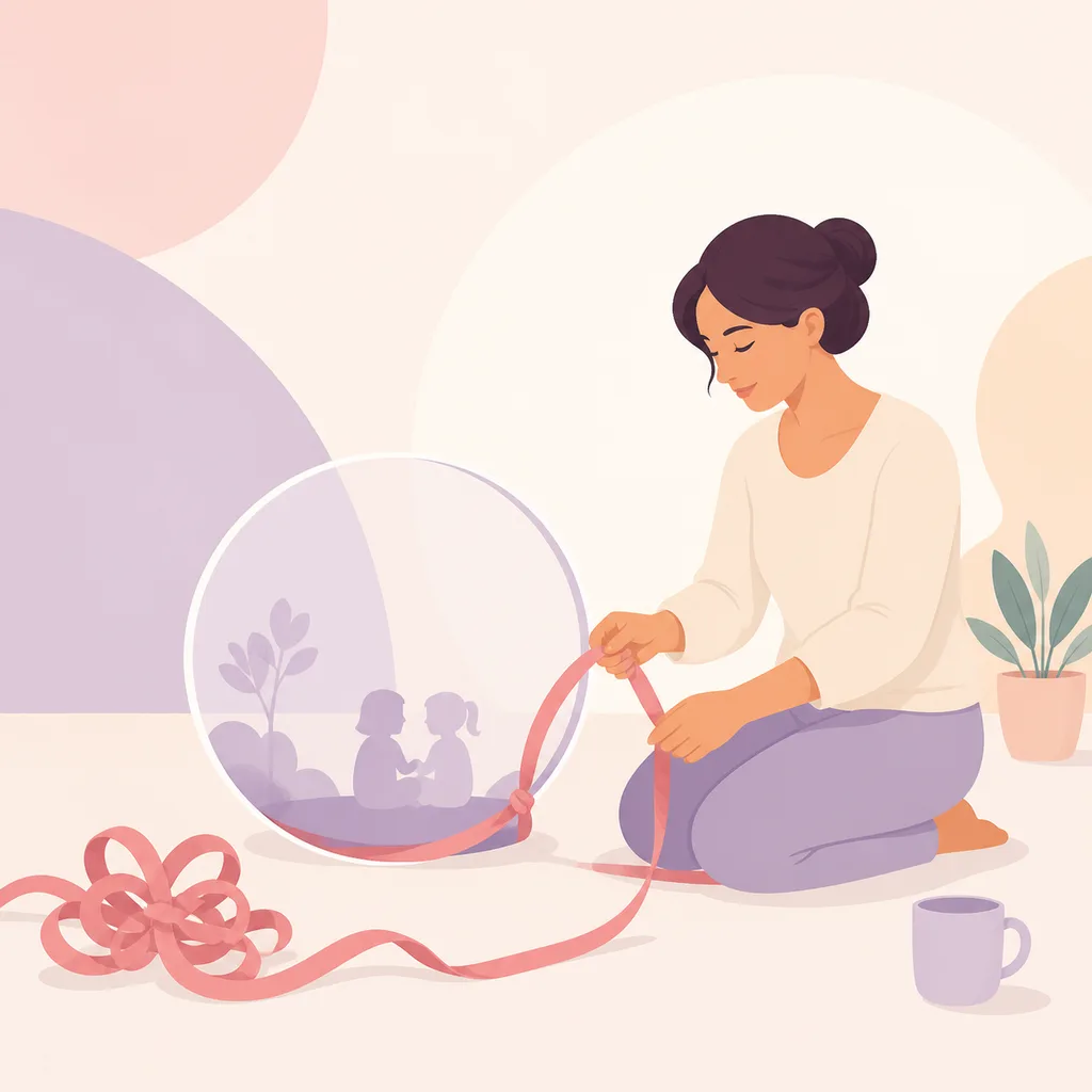Parent untangling a ribbon at a calm protective boundary