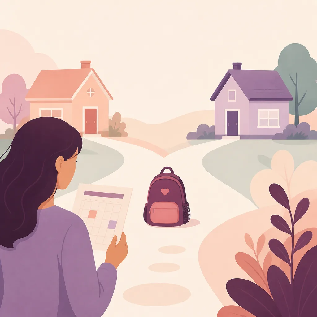 Parent checking a calendar beside a child’s backpack on a path between two homes