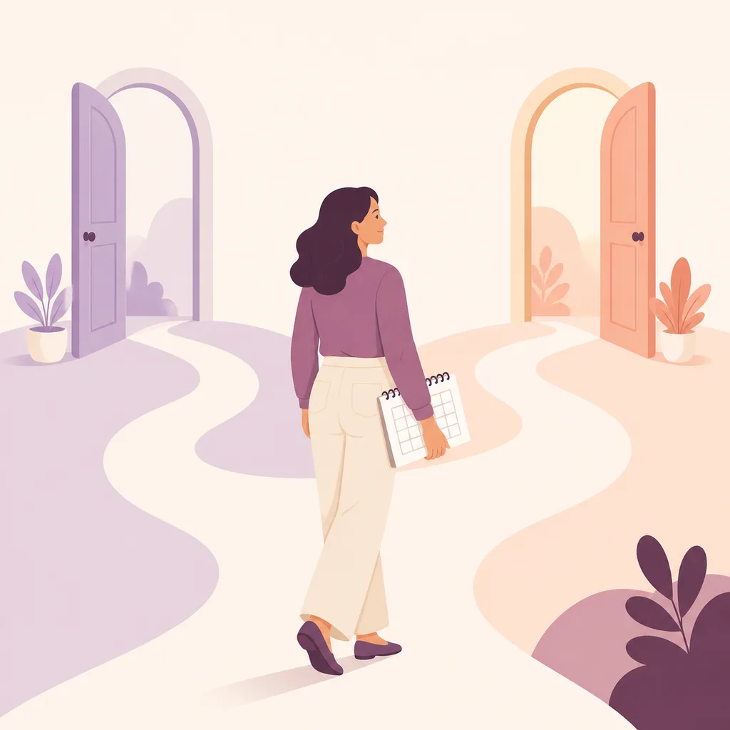Parent carrying a paper calendar along a path between two doorways