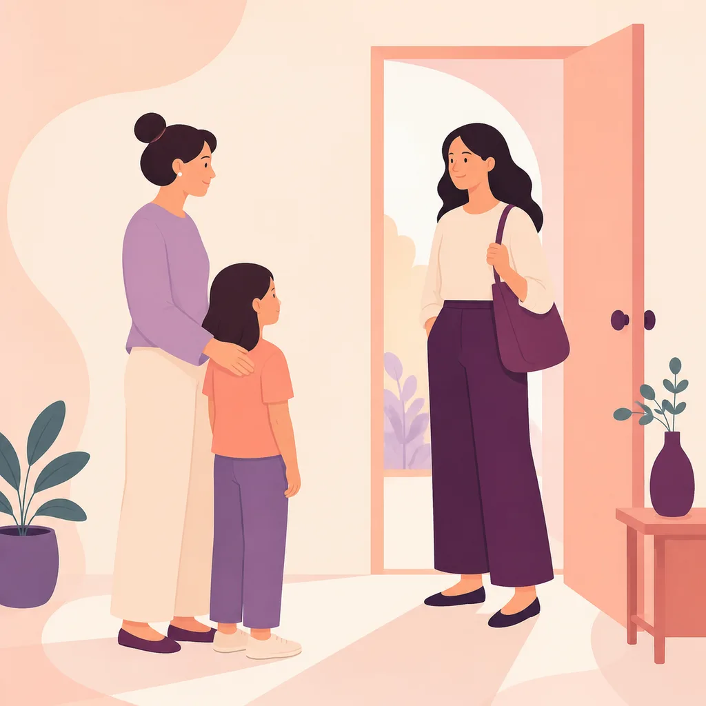 Parent and child meeting a welcoming new adult near an open doorway
