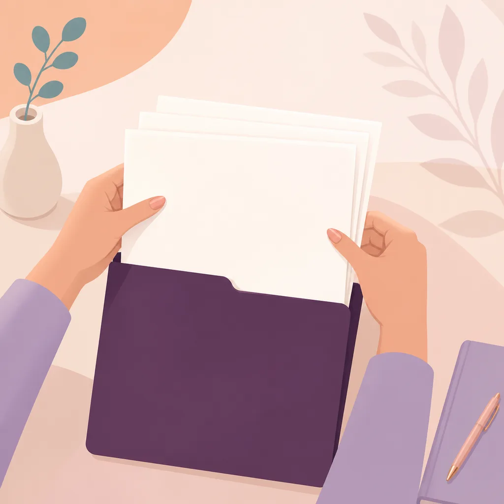 Parent’s hands organizing three blank documents into a folder