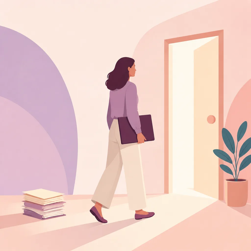 Parent carrying an organized folder toward an open doorway