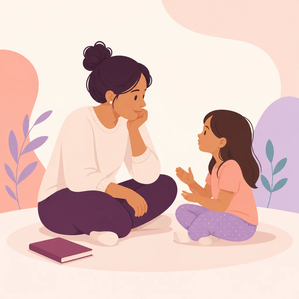 Parent listening calmly to a child beside a closed book
