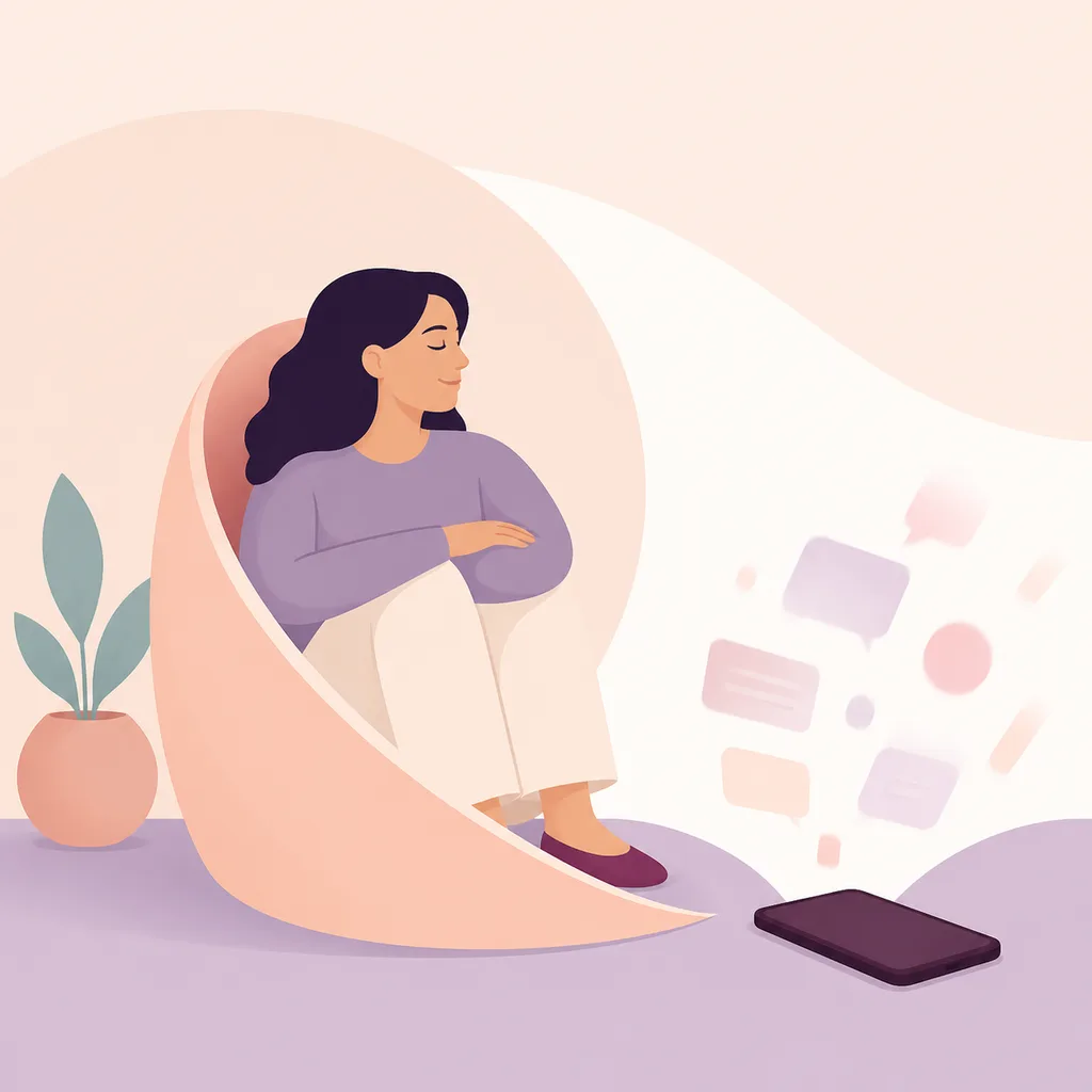 Parent behind a protective curve as notifications fade around a phone