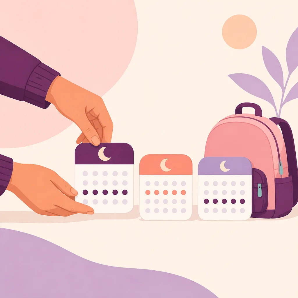 Parent’s hands arranging calendar tiles beside a small backpack