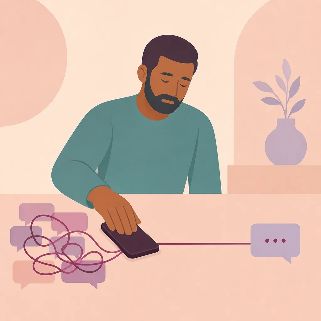 Parent setting down a phone as tangled message shapes become orderly