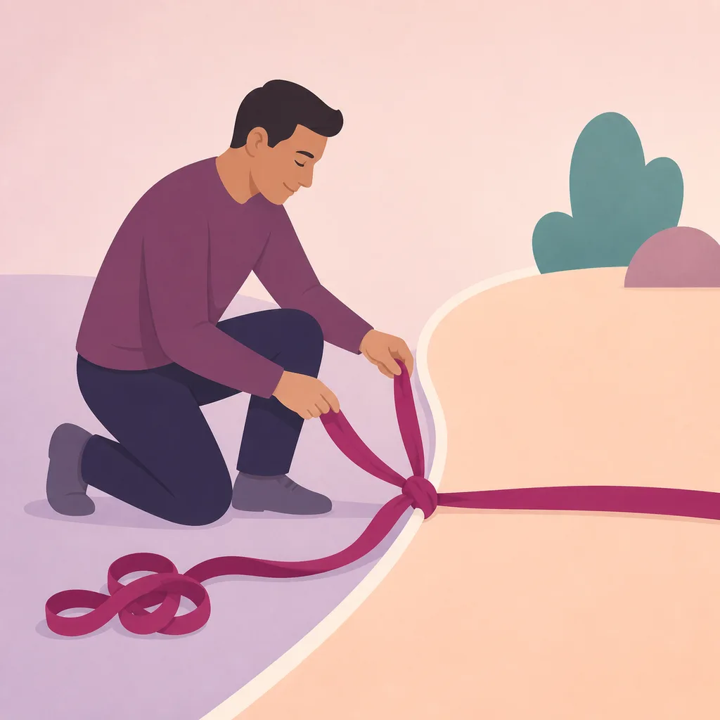 Parent untangling a ribbon at a calm protective boundary