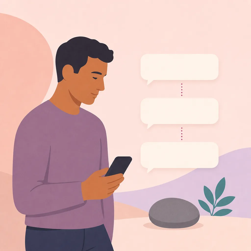 Parent holding a phone beside three orderly blank message shapes
