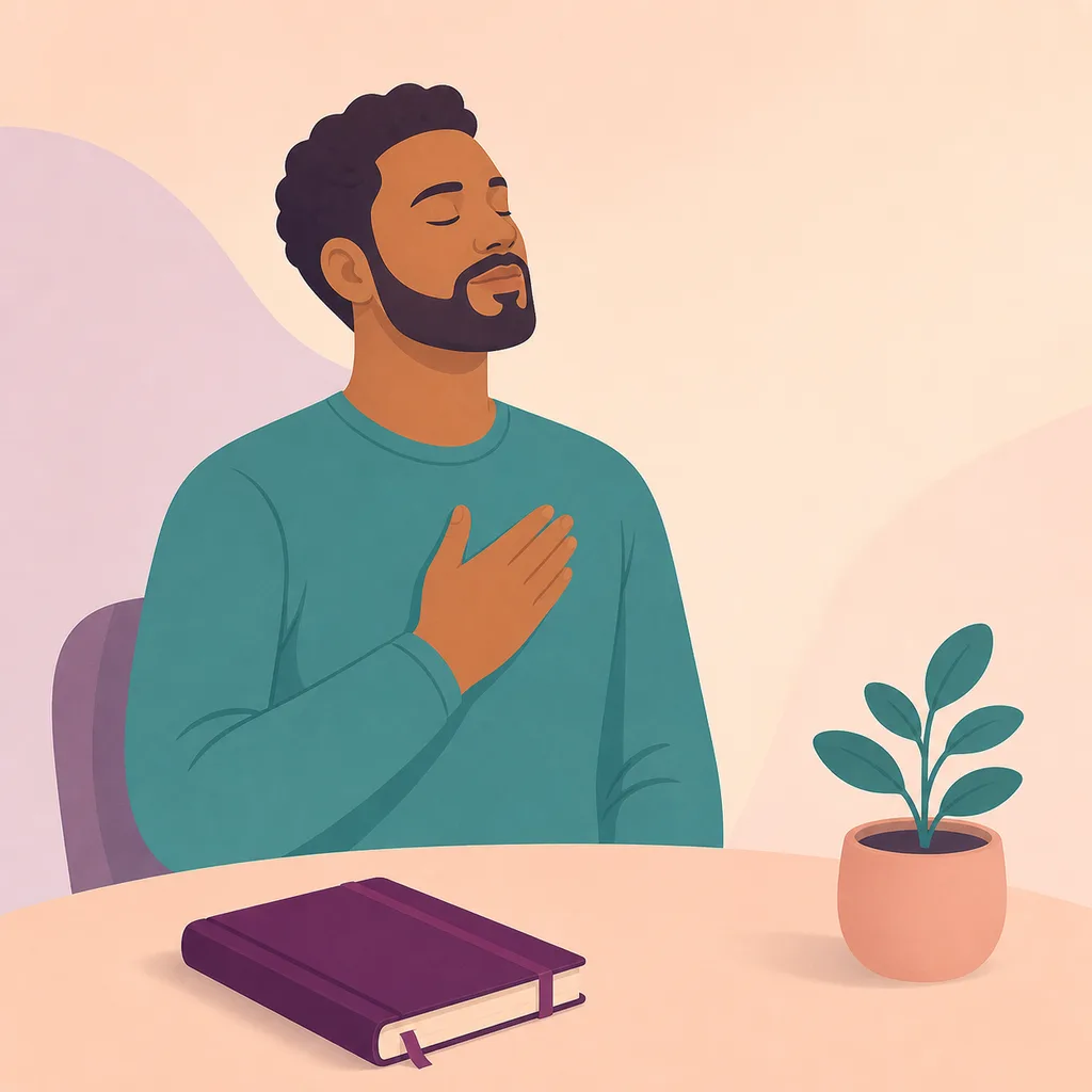 Parent breathing calmly beside a closed journal and small plant